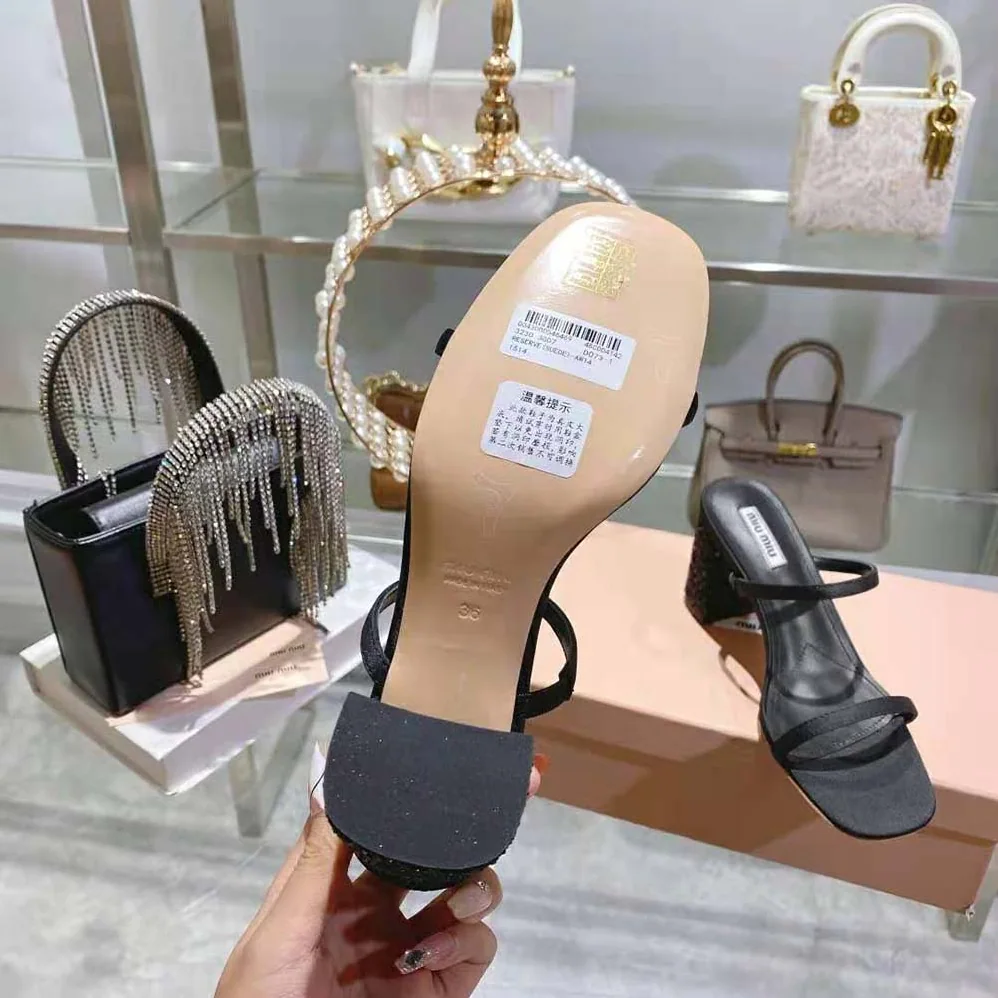 Miu Miu Satin and Glitter Slides in 85 mm Heel Height for Women in Black Miu Miu Satin and Glitter Slides in 85 mm Heel Height for Women in Black