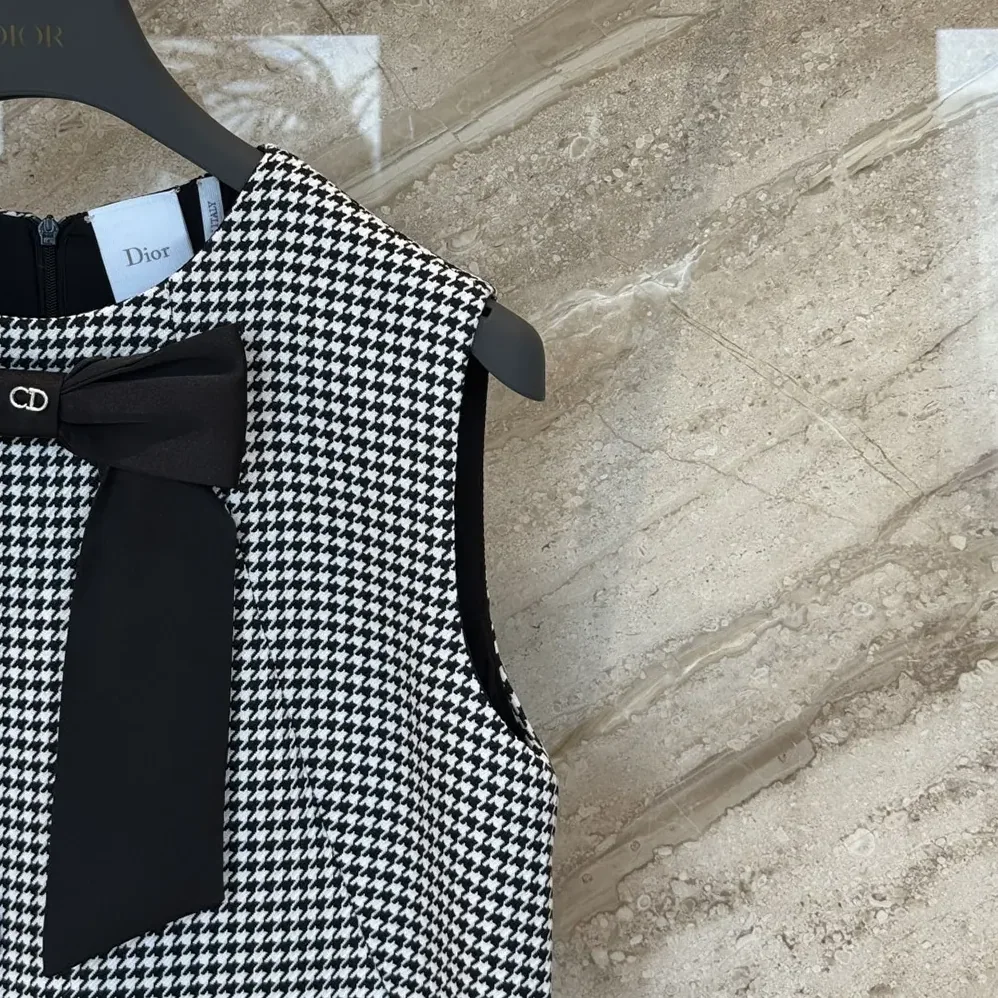 Dior Straight-Cut Short Dress Black and White Houndstooth Virgin Wool Blend for Women