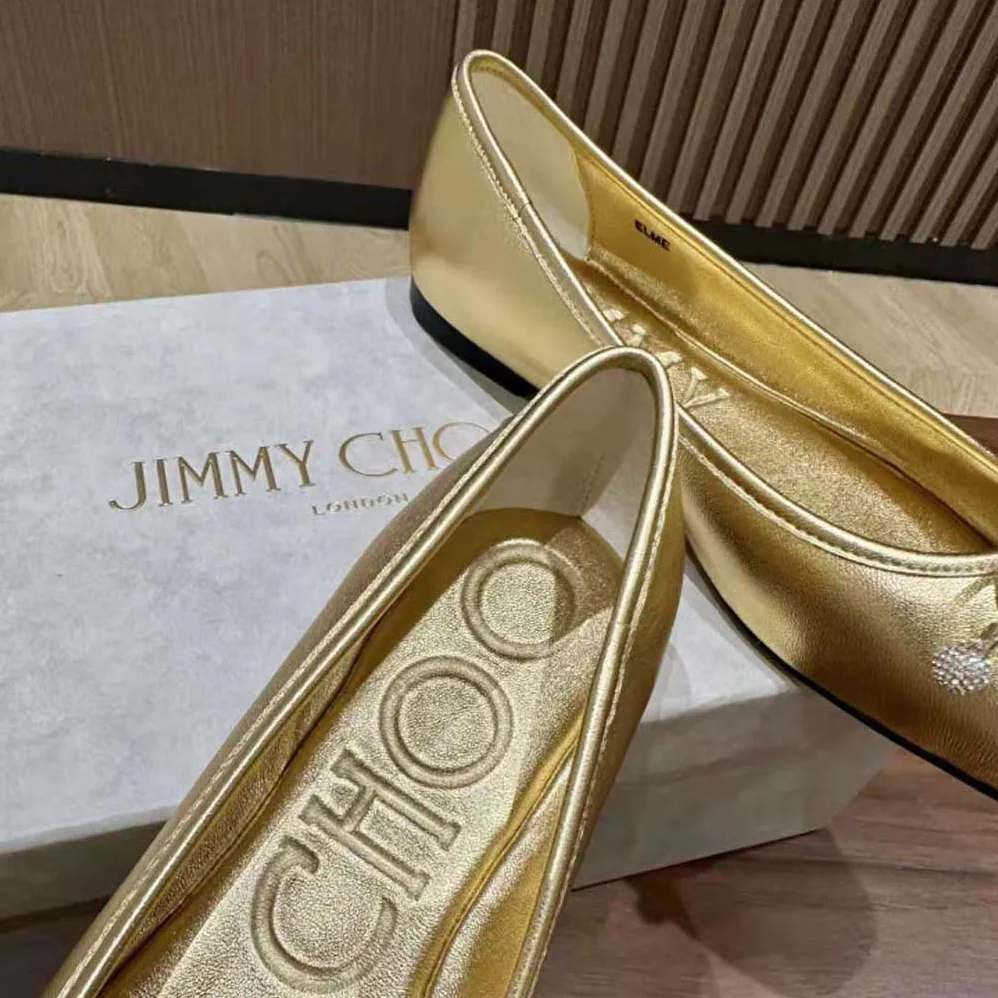 Jimmy Choo Elme Flat Gold Metallic Nappa Leather Flats with Pearl Embellishment for Women Jimmy Choo Elme Flat Gold Metallic Nappa Leather Flats with Pearl Embellishment for Women