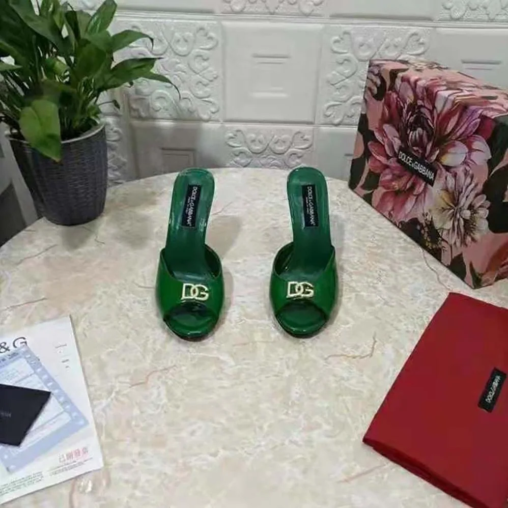 Dolce Gabbana D&G Patent Leather Mules with DG Logo for Women in Green