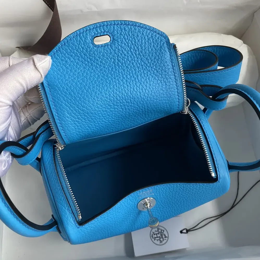 Hermes Lindy Mini 19 in Clemence Leather for Women in Blue/Silver Hermes Lindy Mini 19 in Clemence Leather for Women in Blue/Silver