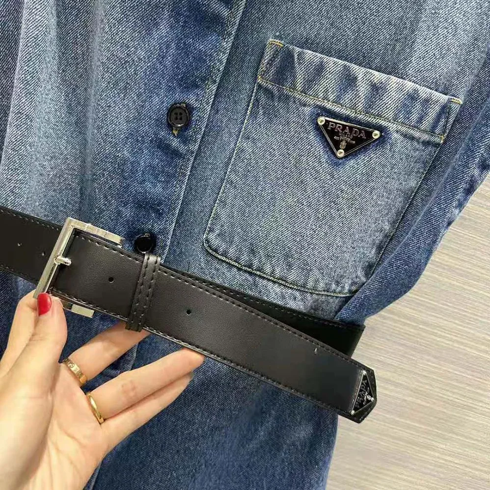 Prada Denim Shirt with Triangle Logo for Women in Navy Prada Denim Shirt with Triangle Logo for Women in Navy