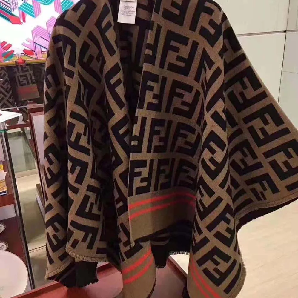 Fendi FF Poncho Multicolor Wool and Silk Poncho for Women in Brown