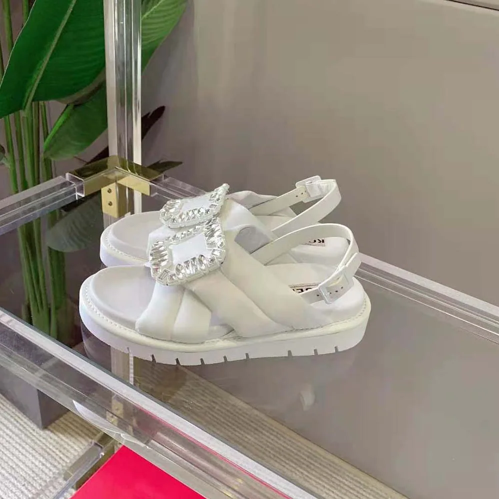 Roger Vivier Viv Winter Strass Buckle Sandals in Technical Fabrics for Women in White Roger Vivier Viv Winter Strass Buckle Sandals in Technical Fabrics for Women in White