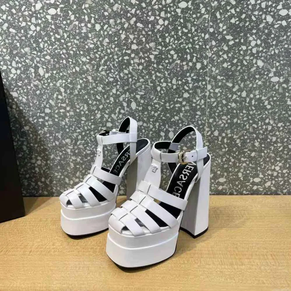 Versace La Medusa Platform Sandals in Calf Leather for Women in White Versace La Medusa Platform Sandals in Calf Leather for Women in White