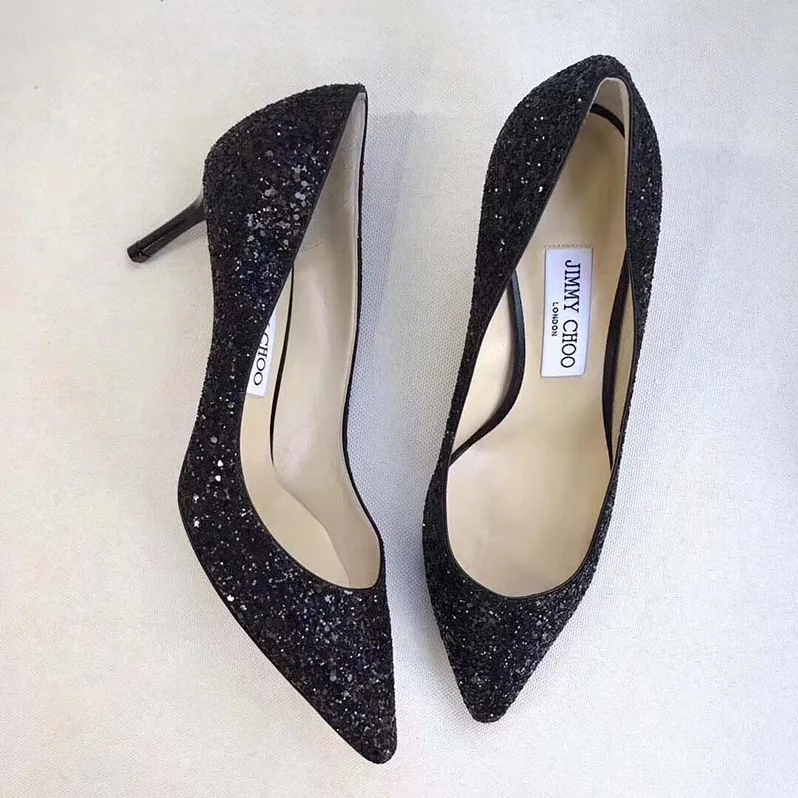 Jimmy Choo Romy 85 Coarse Glitter Fabric Pointy Toe Pumps Shoes for Women in Black