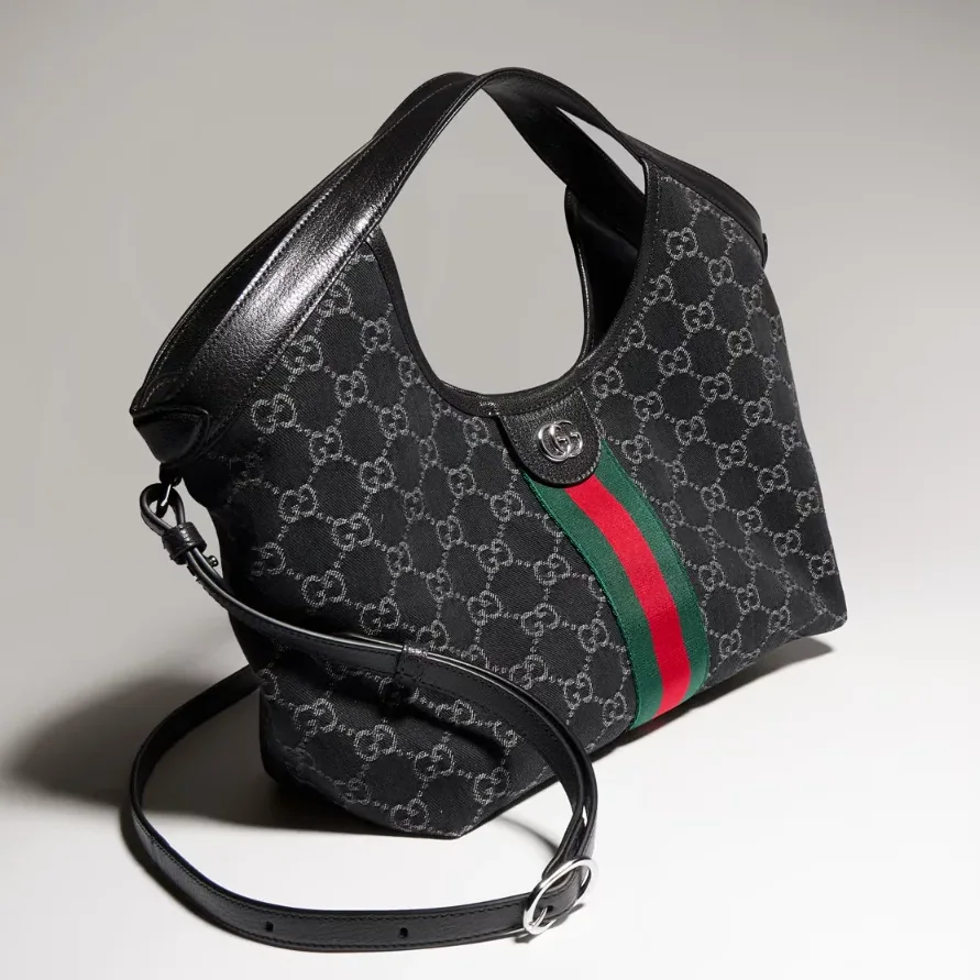 Gucci Giglio Small Tote Bag in Black Denim Palladium Hardware