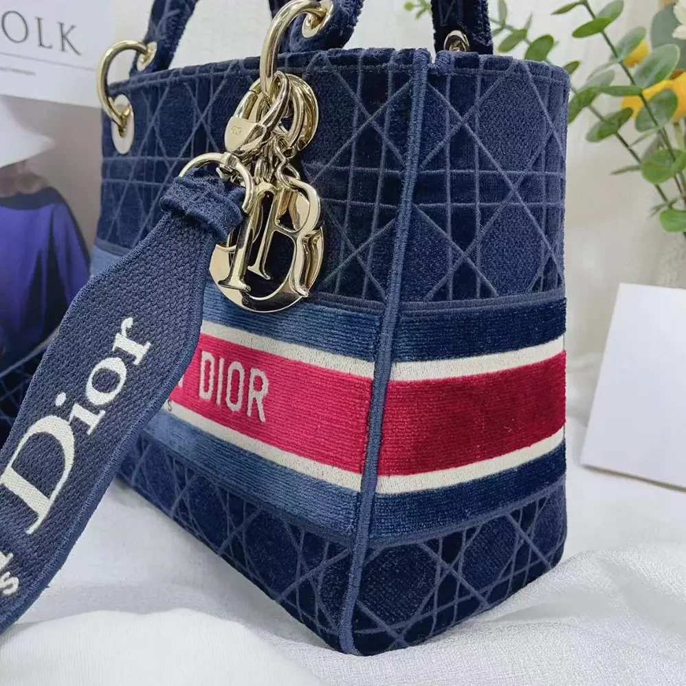 Dior Medium Lady D-lite Bag Blue Velvet Cannage Embroidery for Women Dior Medium Lady D-lite Bag Blue Velvet Cannage Embroidery for Women