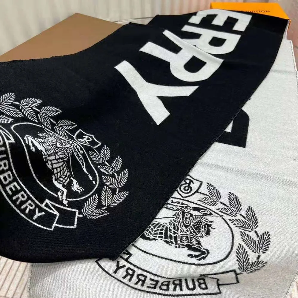 Burberry Logo and EKD Wool Silk Jacquard Scarf for Women in Black Burberry Logo and EKD Wool Silk Jacquard Scarf for Women in Black