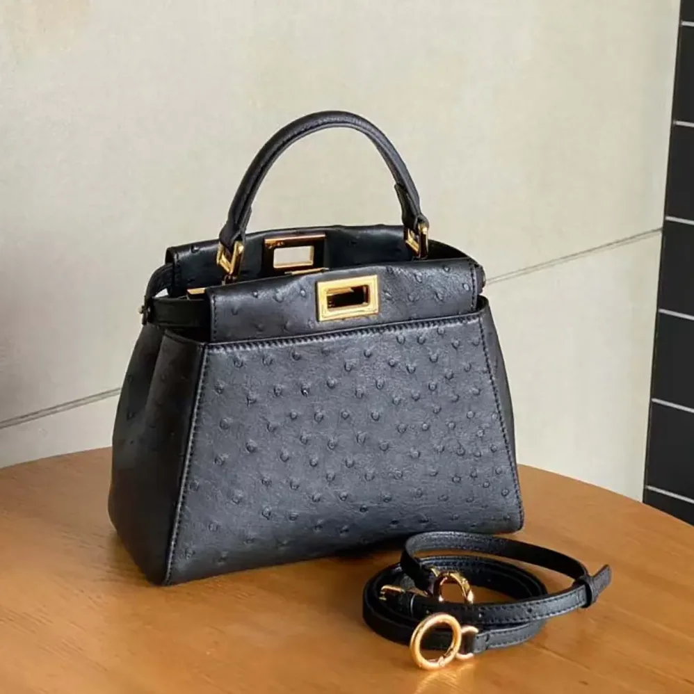Fendi Peekaboo Iconic Mini Black Ostrich Leather Bag for Women