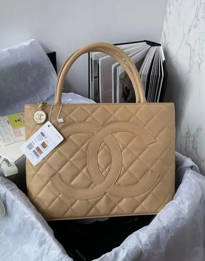 Chanel Medallion Tote Shoulder Beige Bag /
