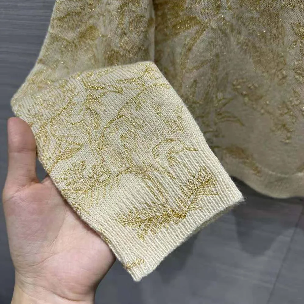 Dior Sweater Gold-Tone Technical Cashmere Knit Embroidered with Metallic Thread in a Dior Jardin D'Hiver Motif for Women