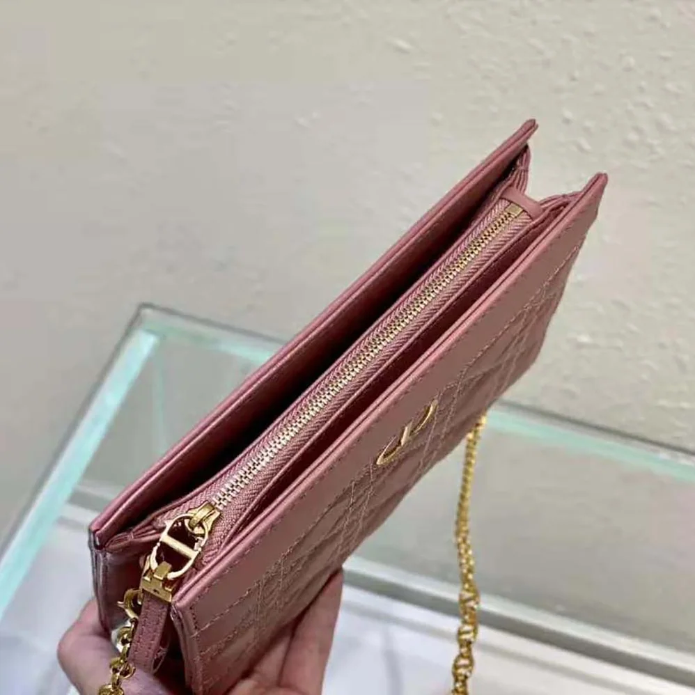Dior Caro Zipped Pouch with Chain Cedar Green Supple Cannage Calfskin for Women in Pink Dior Caro Zipped Pouch with Chain Cedar Green Supple Cannage Calfskin for Women in Pink