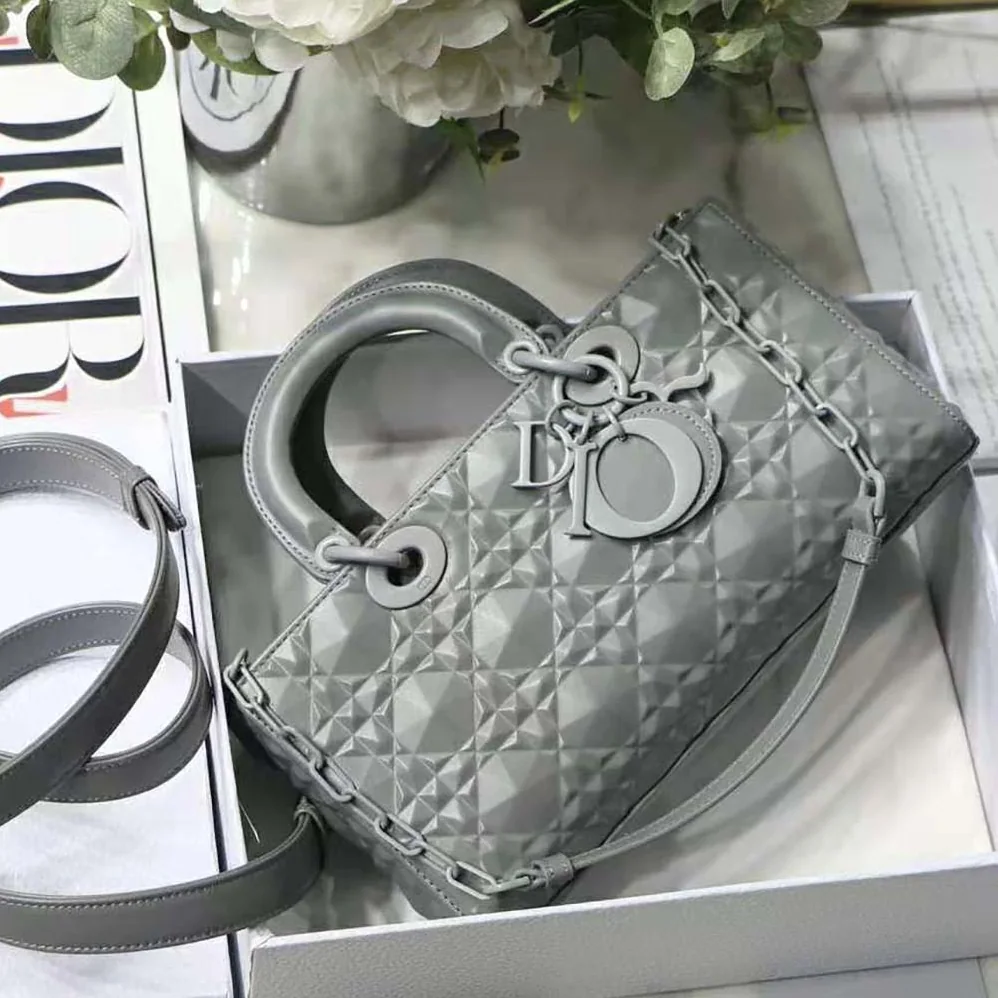 Dior Lady D-Joy Bag Gray Cannage Calfskin with Diamond Motif for Women