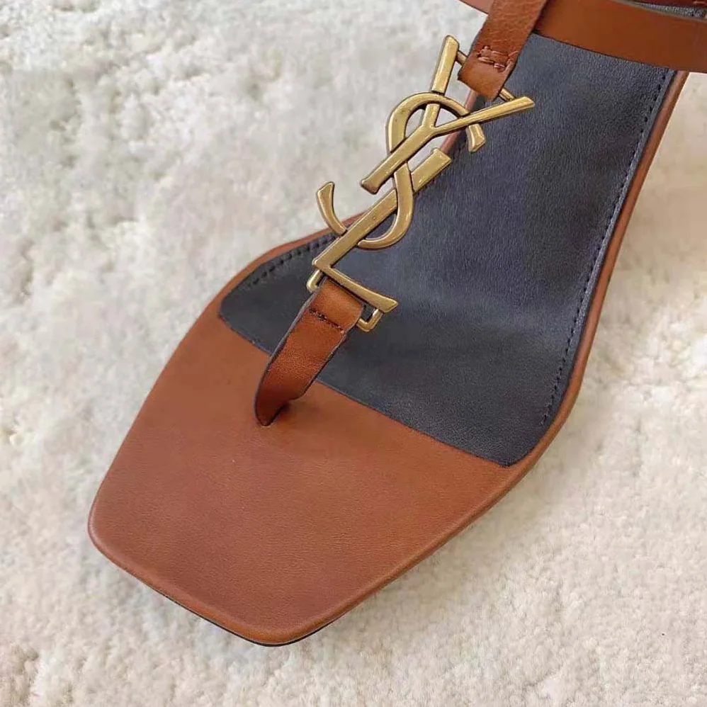 Saint Laurent YSL Cassandra Sandals in Smooth Leather for Women in Brown