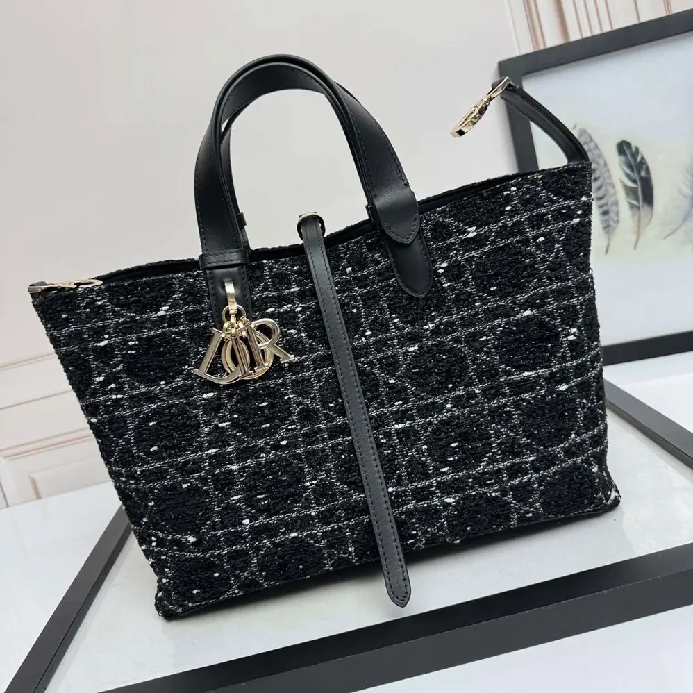 Dior Medium Dior Toujours Bag Black Tweed with White Cannage Motif for Women Dior Medium Dior Toujours Bag Black Tweed with White Cannage Motif for Women