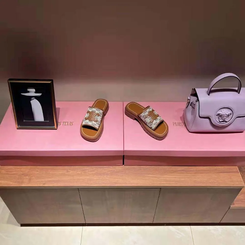 Celine Clea Triomphe Slide in Triomphe Stamped Canvas & Calfskin for Women