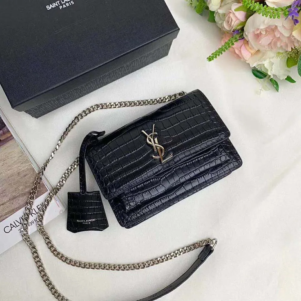 Saint Laurent YSL Sunset Medium Crocodile Embossed Shiny for Women in Black