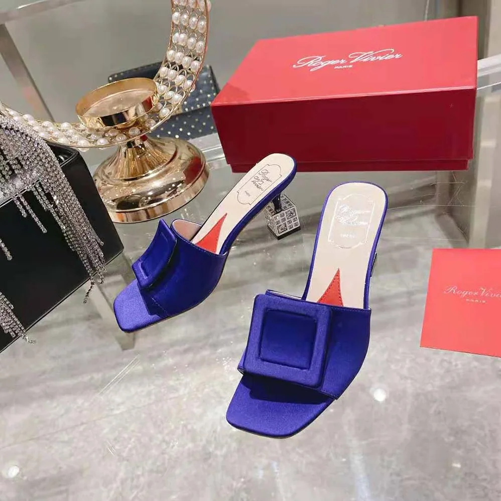 Roger Vivier Cube Strass Heel Mules in Satin for Women in Purple Roger Vivier Cube Strass Heel Mules in Satin for Women in Purple