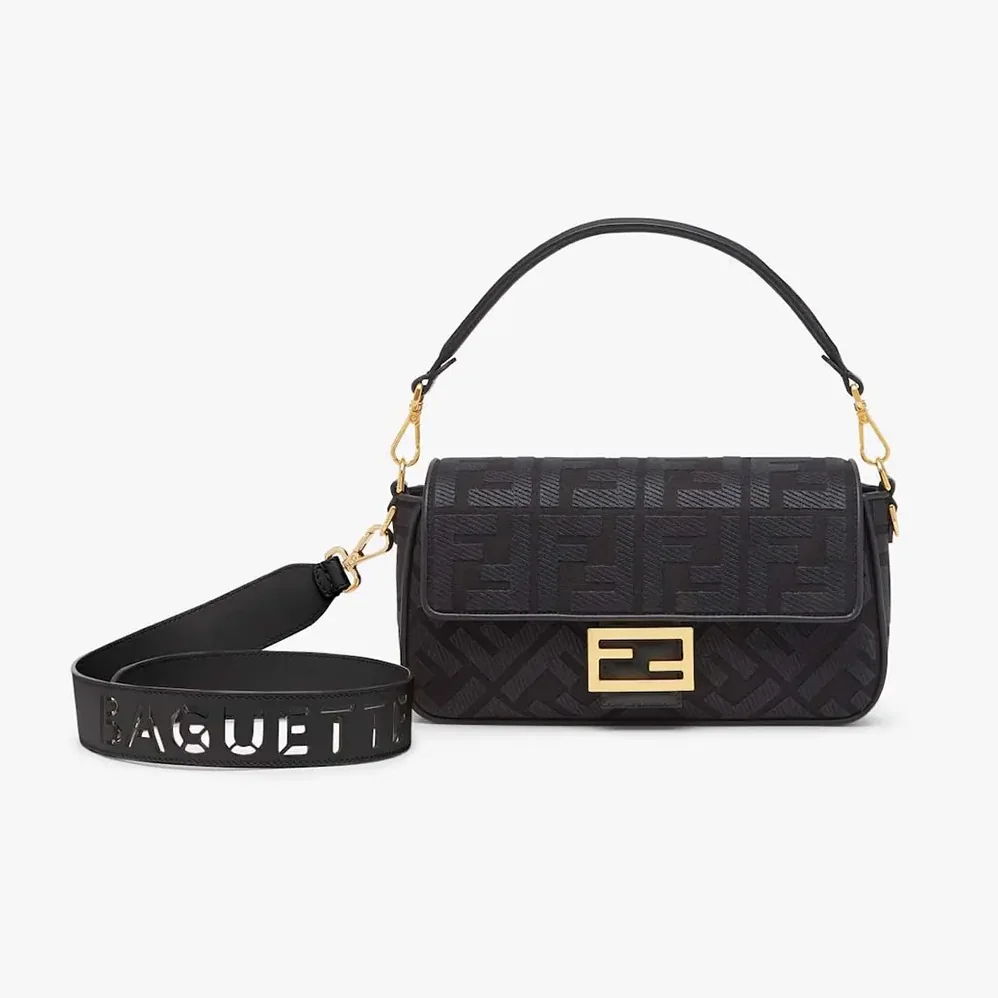 Fendi Baguette Black Denim Bag with FF Embroidery for Women