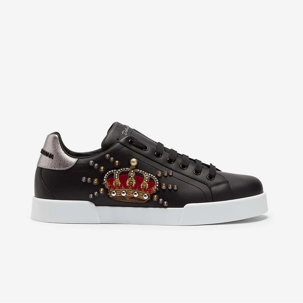 Dolce Gabbana D&G Shoes Calfskin Portofino Sneakers With Patch for Men in Black