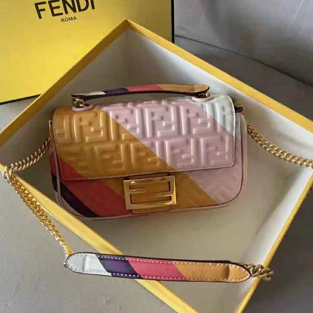 Fendi Baguette Chain Midi Leather Bag with Multicolour Print for Women Fendi Baguette Chain Midi Leather Bag with Multicolour Print for Women