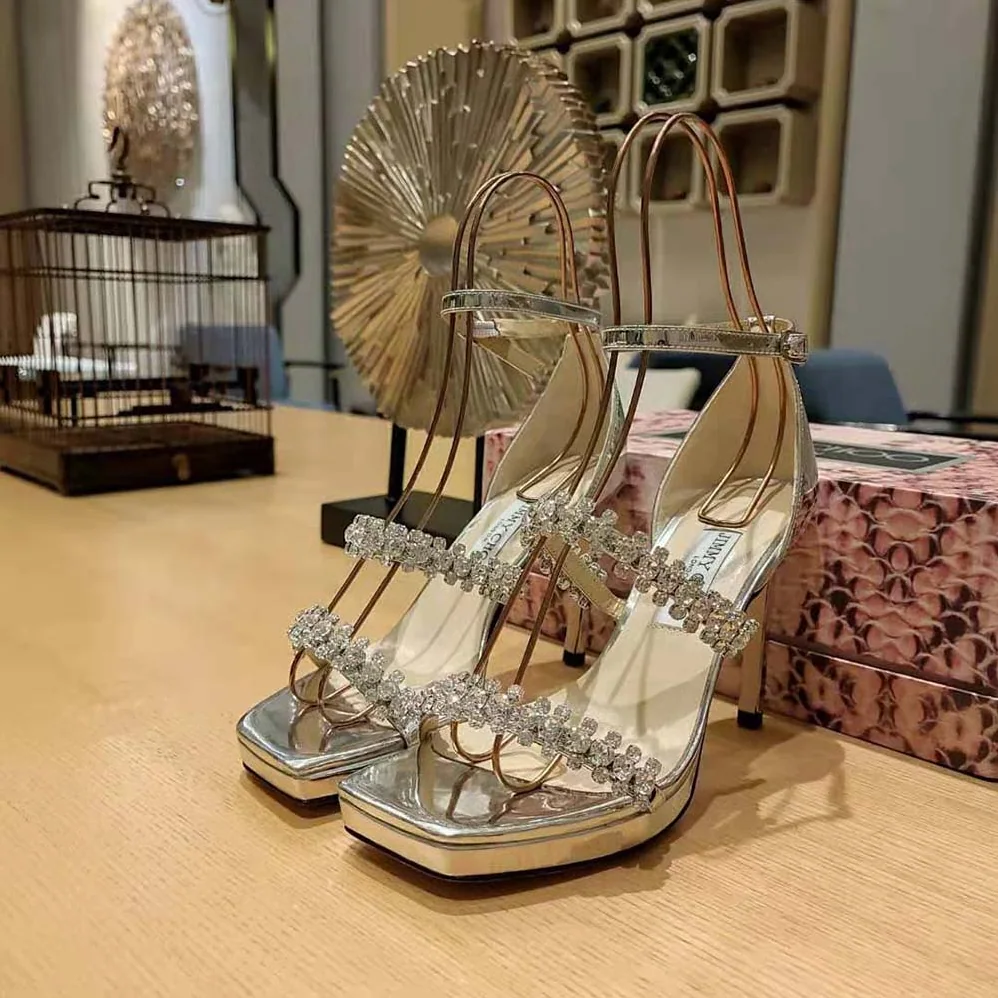 Jimmy Choo Bing Sandal 105 Silver Liquid Metal Sandals with Crystal Straps for Women Jimmy Choo Bing Sandal 105 Silver Liquid Metal Sandals with Crystal Straps for Women
