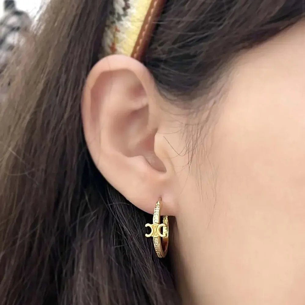 Celine Triomphe Sparkle Hoops in Strass and Brass with Gold Finish for Women