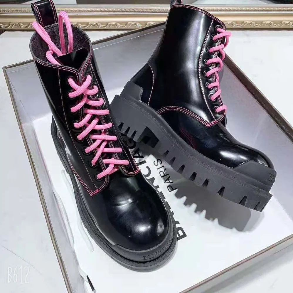 Balenciaga Strike 20mm Lace-Up Boot in Black Matte Calfskin for Women in Pink
