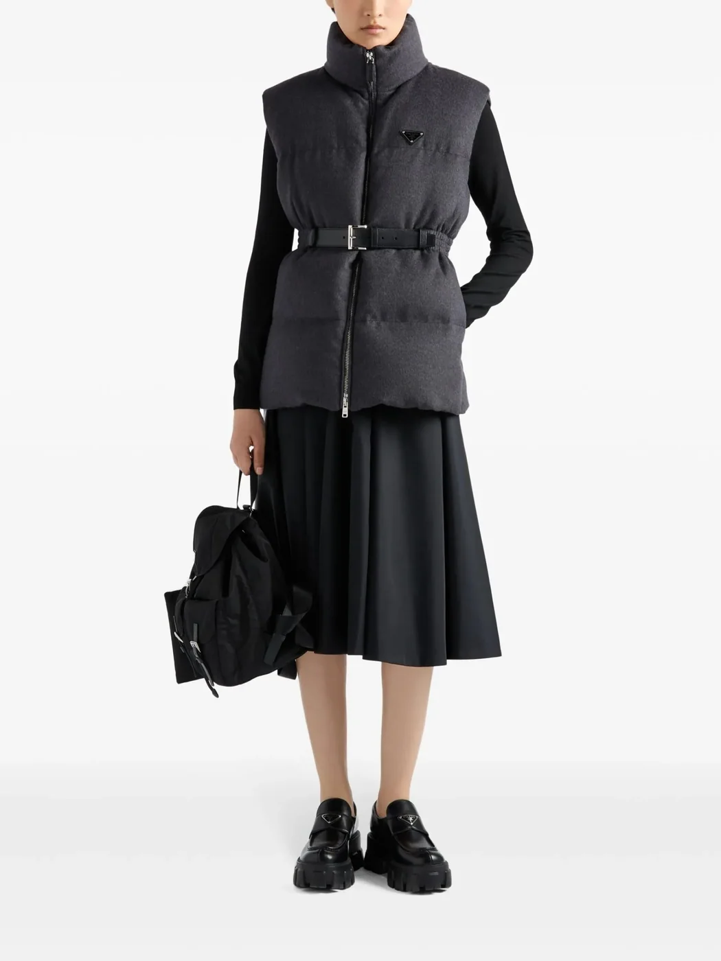 Prada Belted Down Padded Gilet Dark Grey