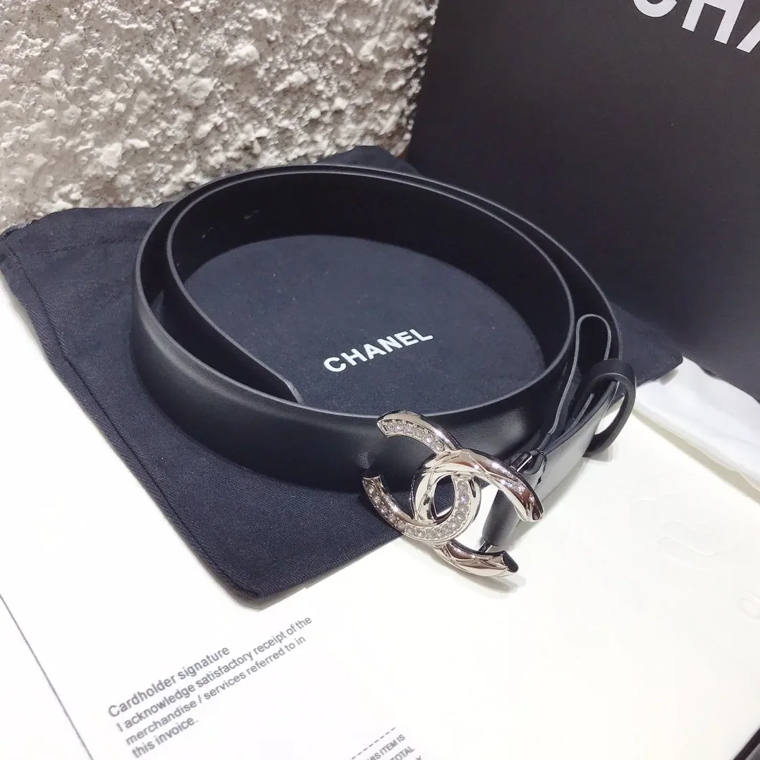Chanel Black Belt With Double C Buckle Silver in Toned Metal Women