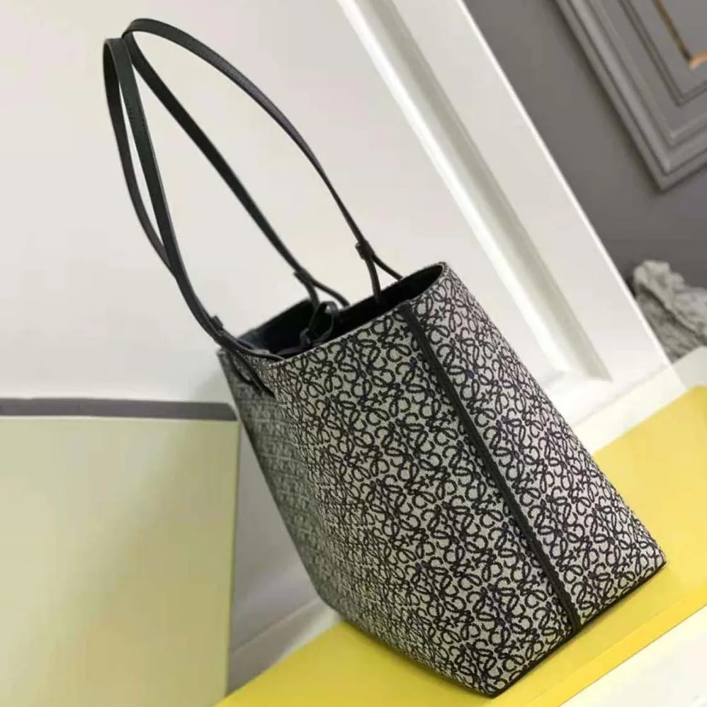 Loewe East West Tote Bag in Anagram Jacquard and Calfskin for Women in Black Loewe East West Tote Bag in Anagram Jacquard and Calfskin for Women in Black