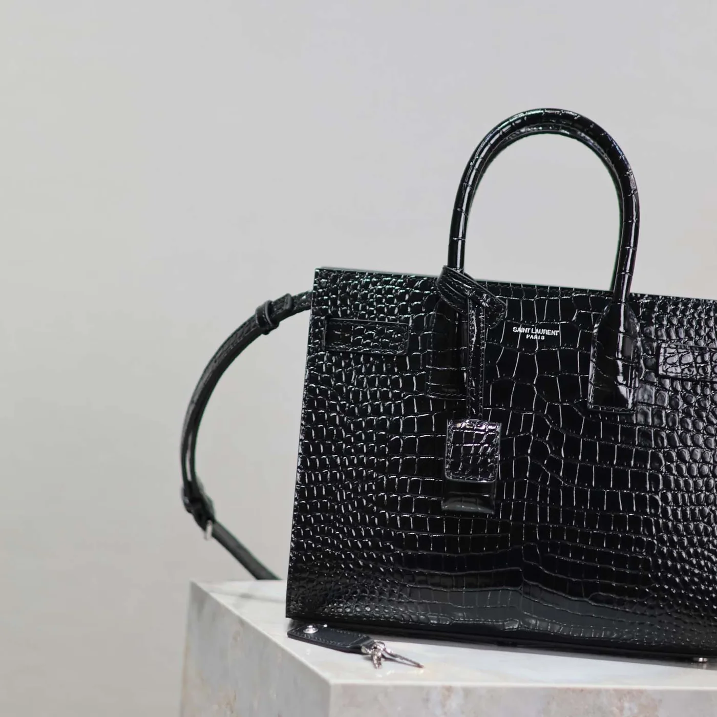 Saint Laurent YSL Sac De Jour in Embossed Crocodile Leather Baby for Women in Black
