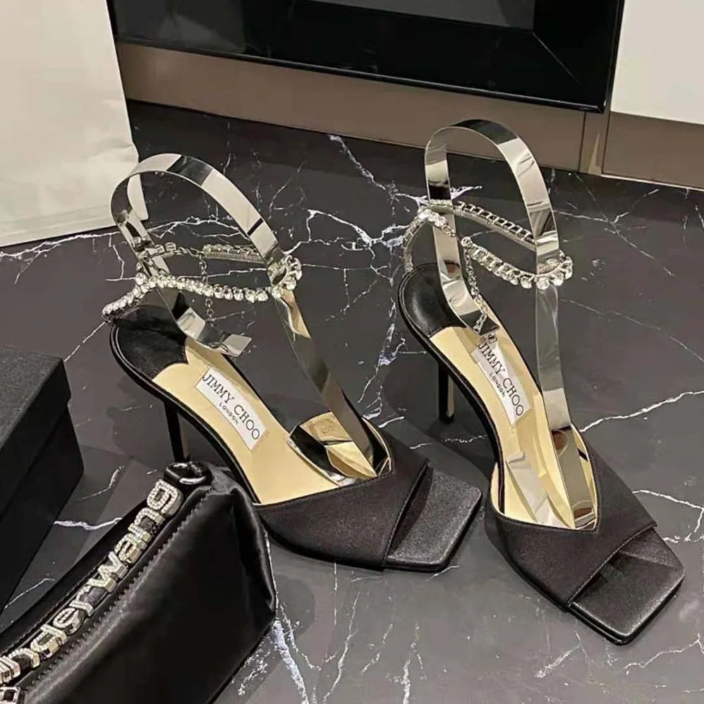 Jimmy Choo Saeda Sandal 100 Black Suede Sandals with Crystal Embellishment for Women Jimmy Choo Saeda Sandal 100 Black Suede Sandals with Crystal Embellishment for Women