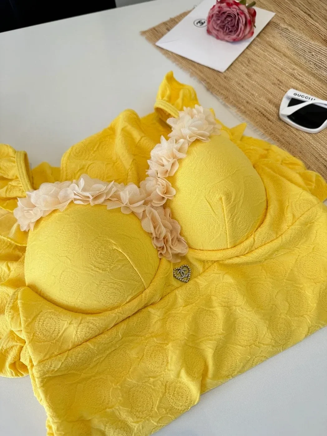 Chanel Vintage Floral Ruffled One in Piece Swimsuit Yellow
