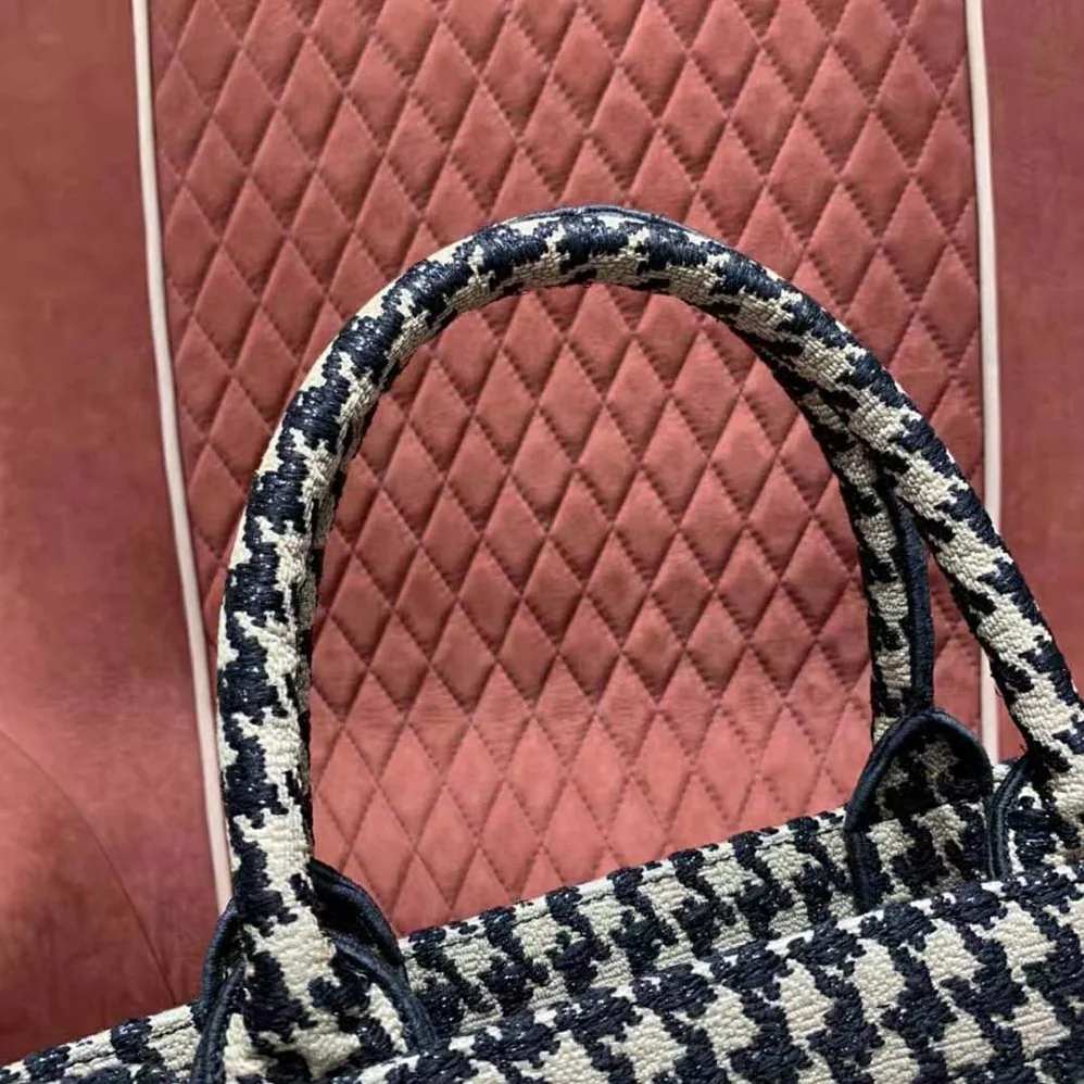 Dior Small Dior Book Tote Black Houndstooth Embroidery for Women