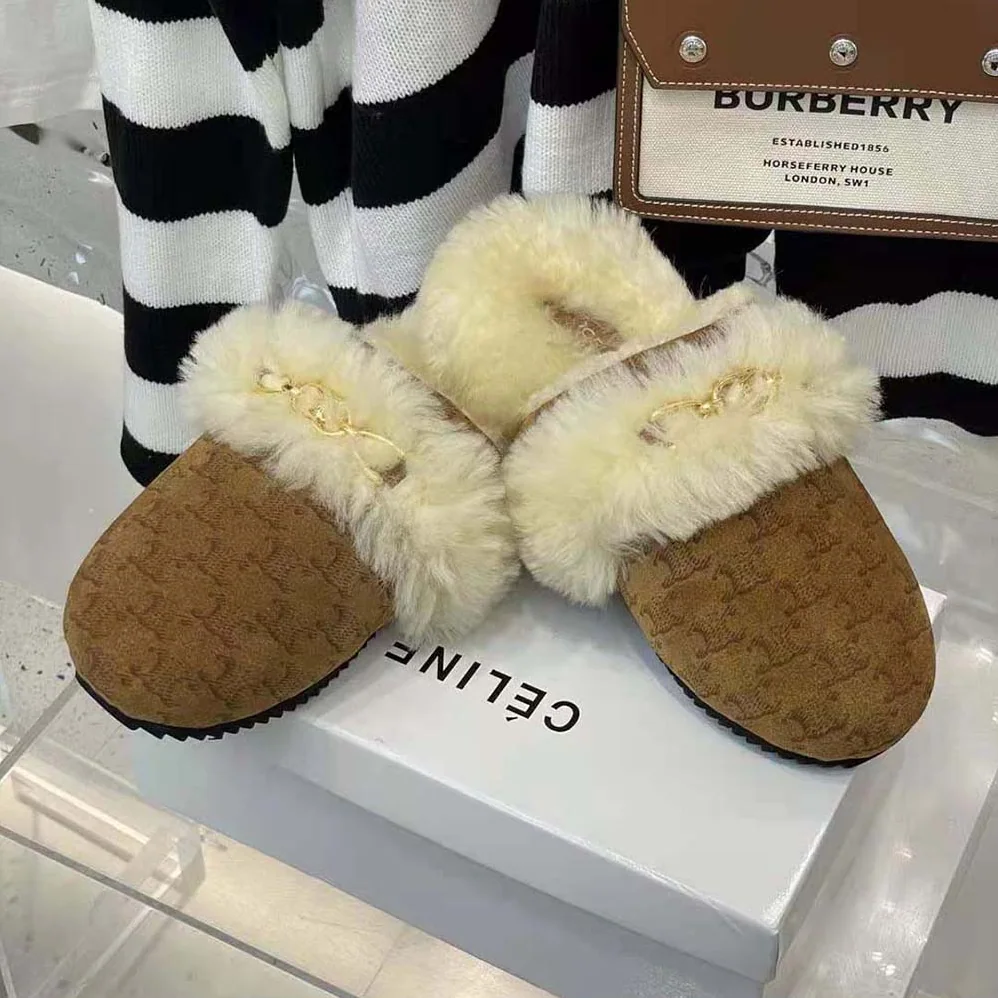 Celine Fur Slides Triomphe Closed Slipper in Suede Calfskin and Shearling for Women Celine Fur Slides Triomphe Closed Slipper in Suede Calfskin and Shearling for Women
