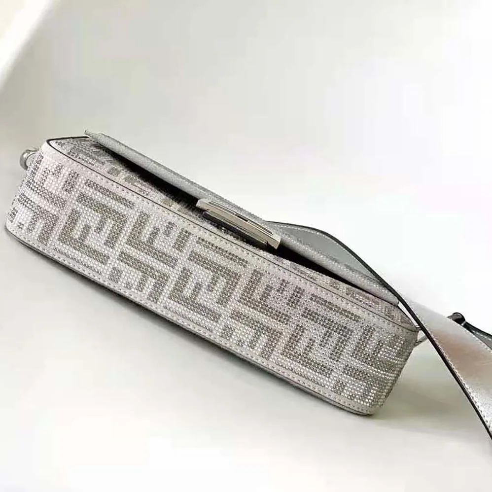 Fendi Baguette Silver Leather Bag with Crystal FF Motif for Women Fendi Baguette Silver Leather Bag with Crystal FF Motif for Women