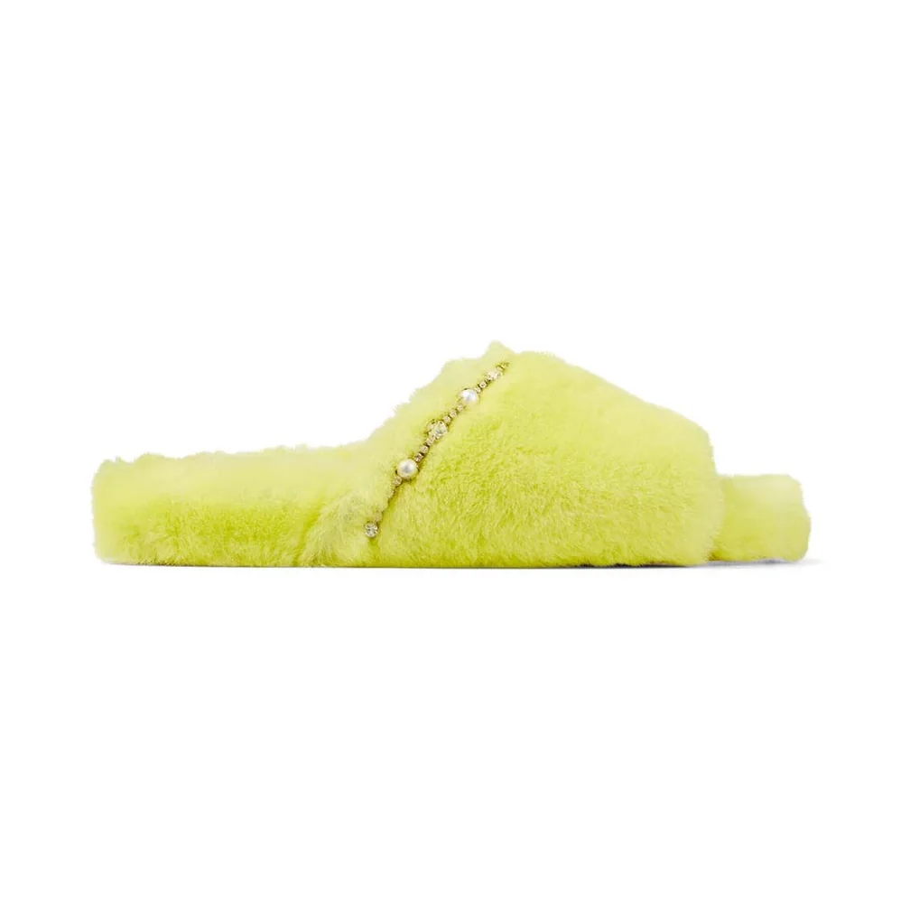 Jimmy Choo Acinda Slipper Lime Shearling Slippers with Crystal and Pearl Detailing for Women Jimmy Choo Acinda Slipper Lime Shearling Slippers with Crystal and Pearl Detailing for Women