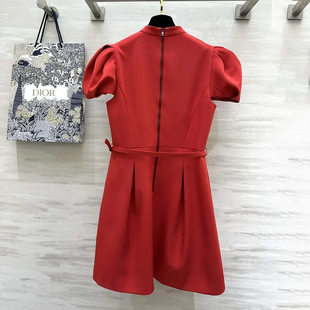 Dior Short Belted Dress Bright Red Lightweight Wool and Silk for Women