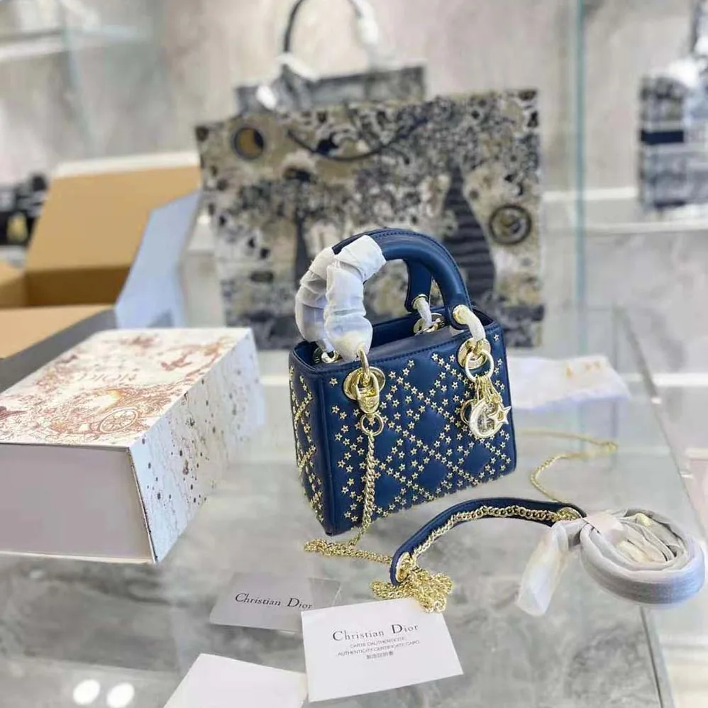 Dior Mini Lady Dior Bag Denim Blue Lucky Star Cannage Lambskin for Women