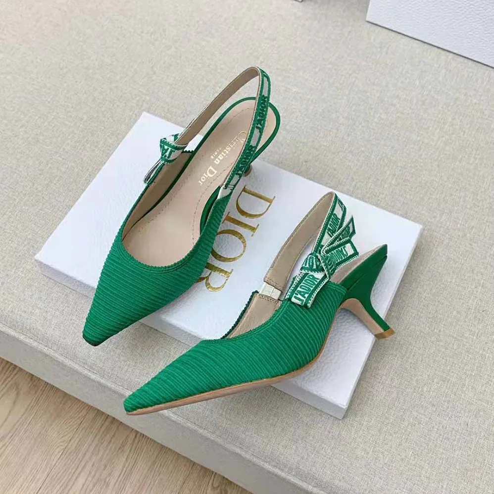 Dior J Adior Slingback Pump Green Cotton Embroidery for Women