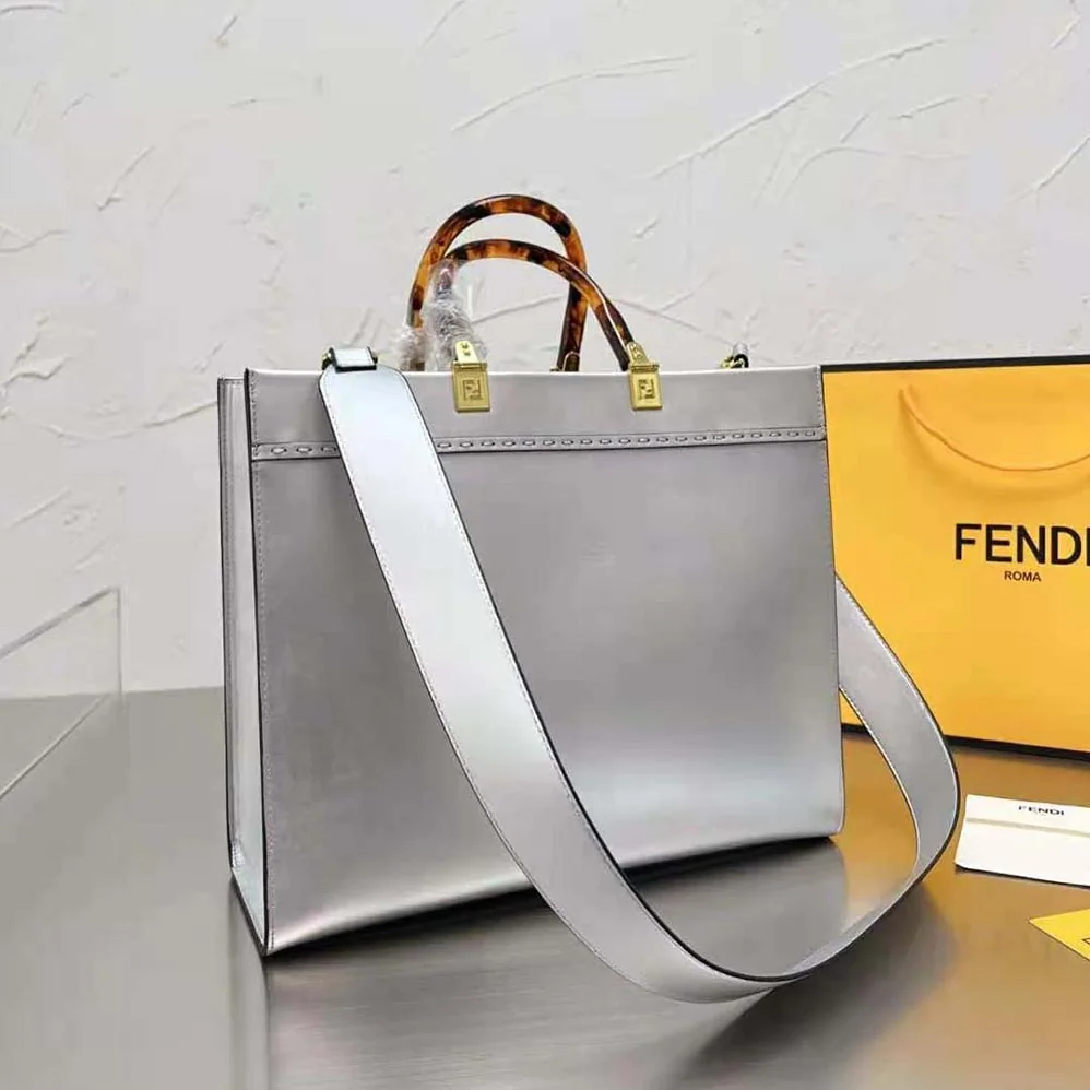 Fendi Fendi Sunshine Medium Silver Laminated Leather Shopper for Women