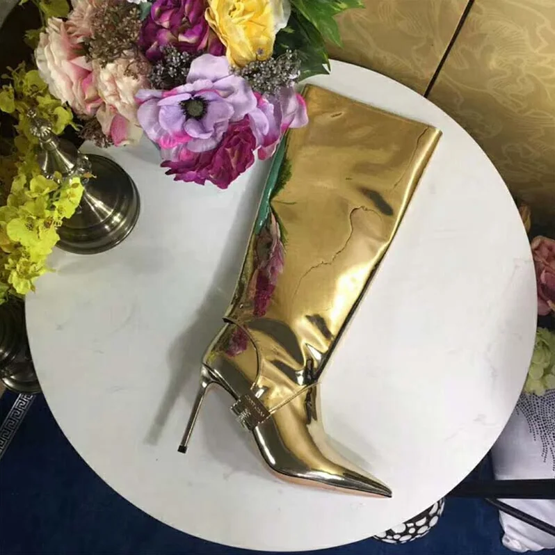 Jimmy Choo Shoes Hurley 100 Gold Liquid Mirror Leather Two for Women in Piece Knee High Booties Jimmy Choo Shoes Hurley 100 Gold Liquid Mirror Leather Two for Women in Piece Knee High Booties