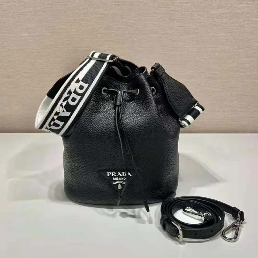 Prada Leather Bucket Bag with A Soft Silhouette for Women in Black
