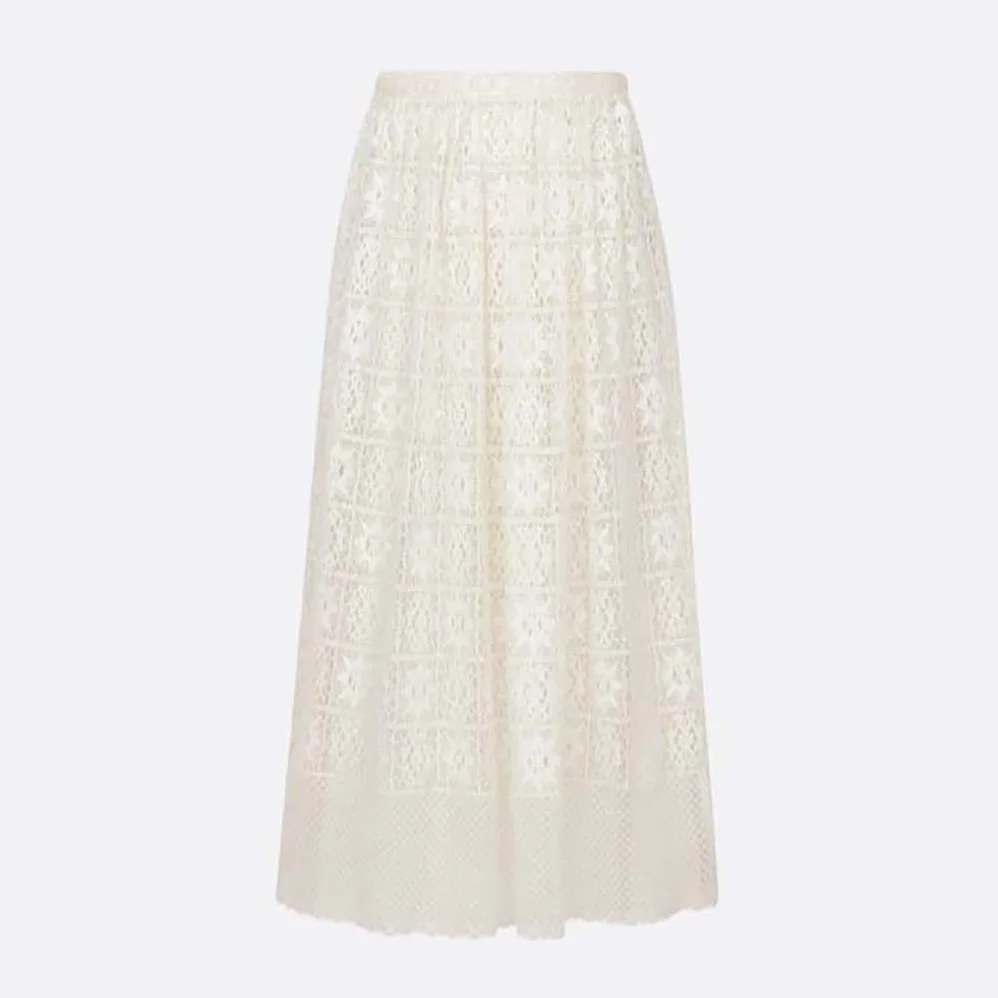 Dior Flared Mid-length Skirt Ecru Technical Cotton Lace with Star Motif for Women