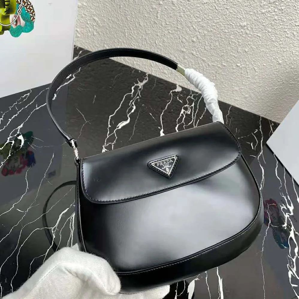 Prada Cleo Brushed Leather Dhoulder Bag with Flap for Women in Black Prada Cleo Brushed Leather Dhoulder Bag with Flap for Women in Black