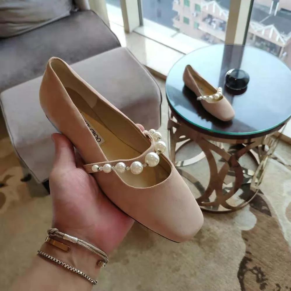 Jimmy Choo Ade Flat Ballet Pink Suede Flats with Pearl Embellishment for Women Jimmy Choo Ade Flat Ballet Pink Suede Flats with Pearl Embellishment for Women