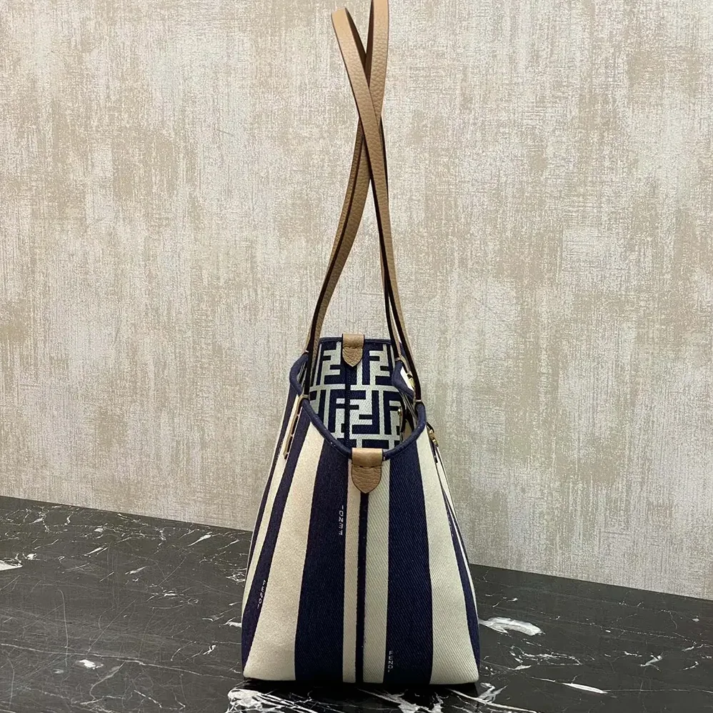 Fendi Small Roll Reversible Shopper in Pequin Striped and Midnight Blue FF Fabric for Women Fendi Small Roll Reversible Shopper in Pequin Striped and Midnight Blue FF Fabric for Women