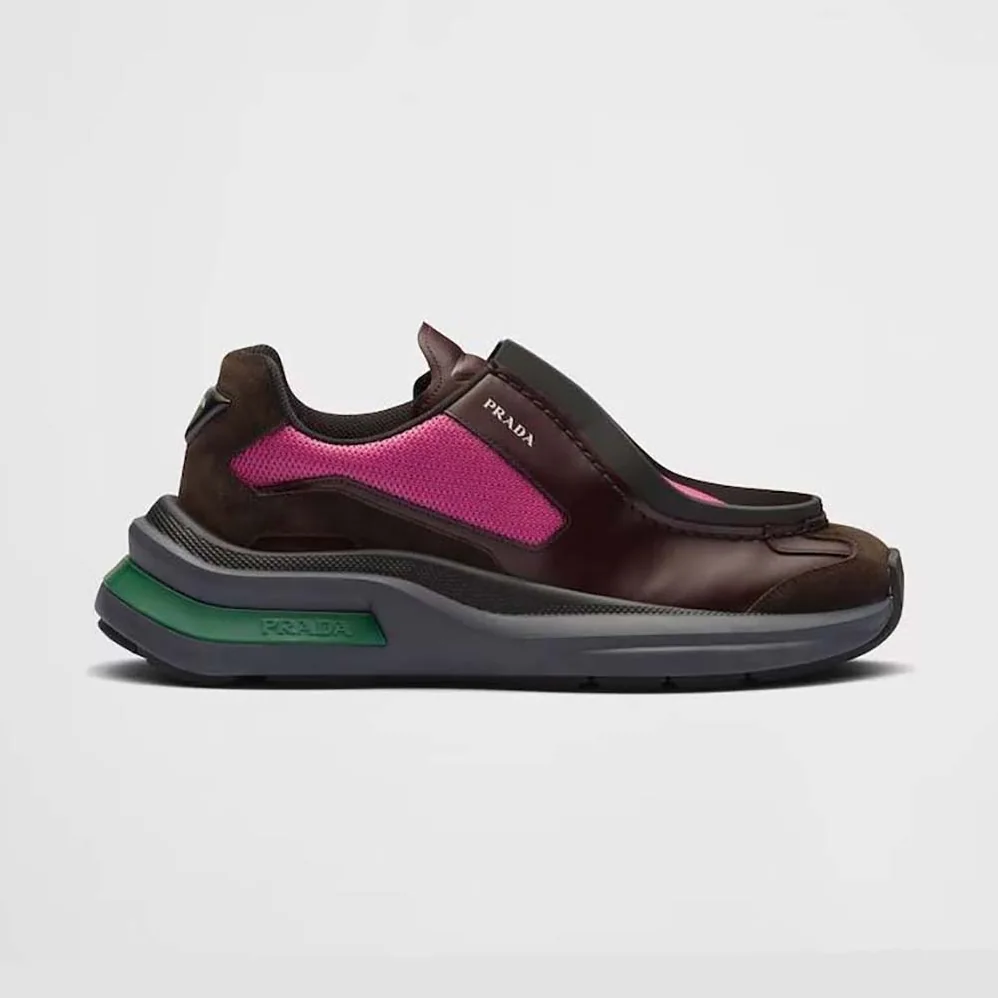 Prada Systeme Brushed Leather Sneakers with Bike Fabric and Suede Elements for Men in Pink